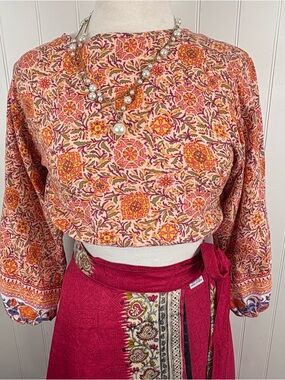 Rachel Zoe Boho Floral Linen Blend Tie-Back Crop Blouse Festival Chic